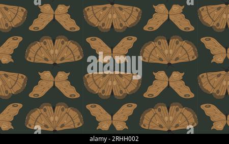 Seamless pattern of realistic wood brown moths on dark green background. Autumn natural hand drawn surface design of repeat butterfly grid. Stock Vector