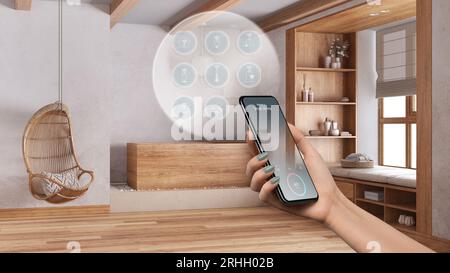 Smart home technology interface on phone app, augmented reality, internet of things, interior design of bathroom with connected objects, woman hand ho Stock Photo