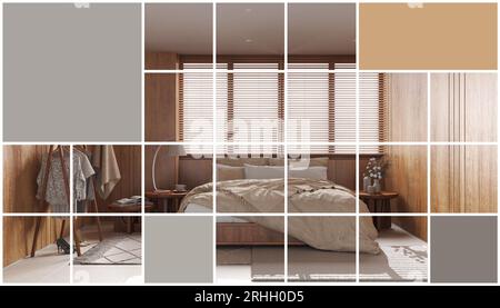 Geometric square mosaic graphic effect with copy space for text, presentation template, mockup idea, minimalist wooden bedroom with double bed and dec Stock Photo