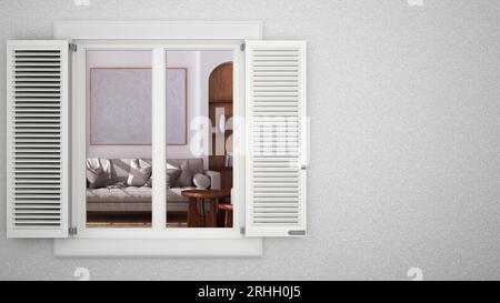 Exterior plaster wall with white window with shutters, showing japandi living room in boho style, blank background with copy space, architecture desig Stock Photo