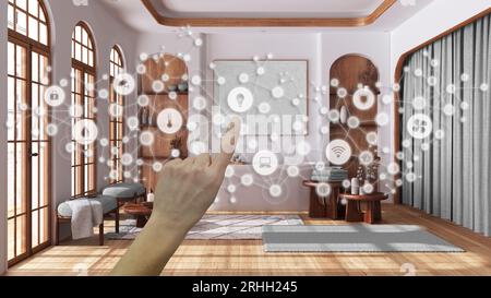 Glowing smart home interface, geometric background, connected line and dots showing internet of things system, hand pointing icons over japandi bathro Stock Photo