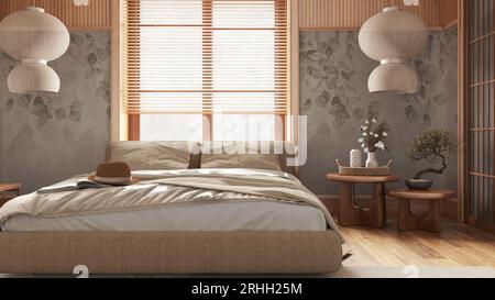 Japandi bedroom with wallpaper and wooden walls in white and beige ...