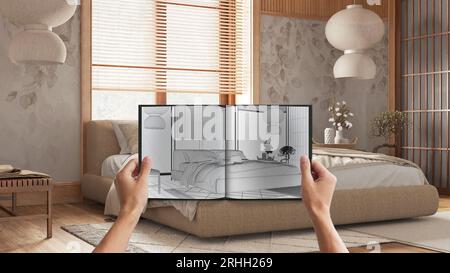 Hands holding notepad with japandi bedroom design blueprint sketch or drawing. Real interior design project background. Before and after concept, arch Stock Photo