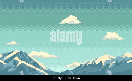 Pixel art moutains with clouds seamless background. Landscape for retro video game or application. Vector illustration Stock Vector