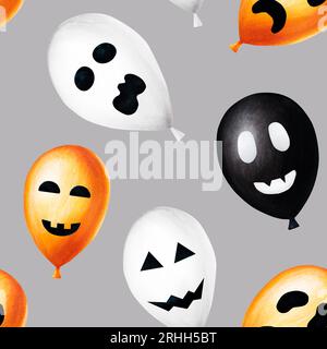 Watercolor Halloween seamless pattern with balloons illustration with scary faces. Hand painting orange, black, white balloon sketch isolated on white Stock Photo