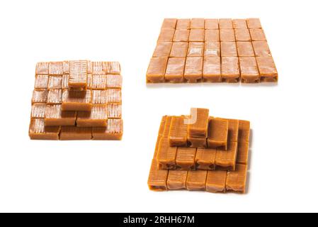 Tasty caramel candy isolated on white background. Copy space. Stock Photo