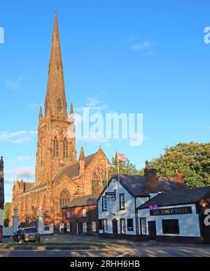 St Elphin's parish Church & Ring of Bells pub, evening sunset, Church Street, Warrington, Cheshire, England, UK, WA1 2TL Stock Photo