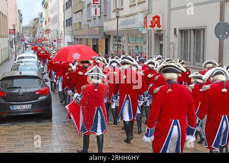 Guards from rear on oaths Sunday at Määnzer Fassenacht carnival celebration, Mainz city centre, Rhineland-Palatinate, Germany, D55126 Stock Photo