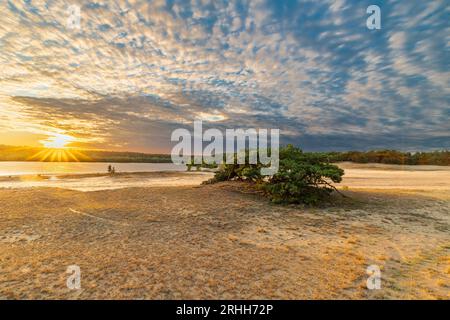 A dramatic and colourful sunset over the Lommelse Sahara, a National Park with sand dunes in Belgium with beautiful reflections in the lake of the clo Stock Photo