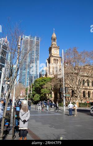 Sydney Town Hall on George street in the city centre, corporate office buildings, blue sky winter,NSW,Australia Stock Photo