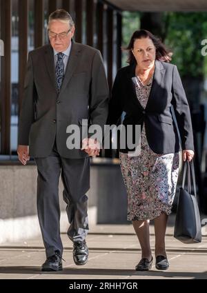 John and Susan Letby, the parents of nurse Lucy Letby, arrives at Manchester Crown Court ahead of the verdict in the case of nurse Lucy Letby who is accused of the murder of seven babies and the attempted murder of another ten, between June 2015 and June 2016 while working on the neonatal unit of the Countess of Chester Hospital. Picture date: Thursday August 17, 2023. Stock Photo