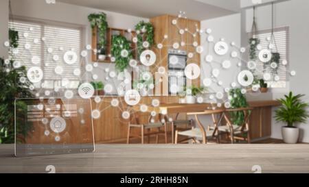 Tablet wireless with smart home app on wooden table, connected line and dots background showing internet of things system, home automation concept, ki Stock Photo