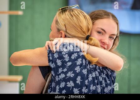 Brighton, August 17th 2023: 'A' Level results day at Brighton Girls' School with Lili Connell and her mother Credit: Andrew Hasson/Alamy Live News Stock Photo