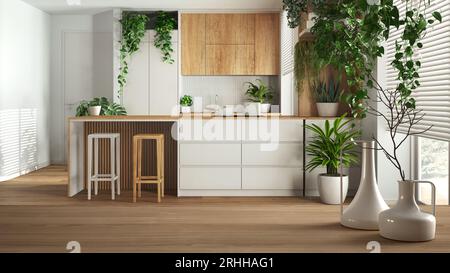 Wooden table top or shelf with minimalistic modern vases over minimal wooden kitchen with island and houseplants, biophilic interior design Stock Photo