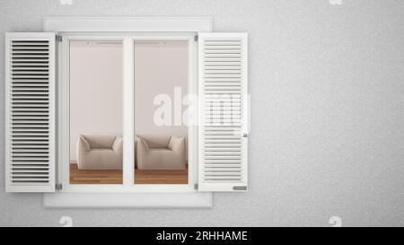 Exterior plaster wall with white window with shutters, showing minimal white living room, blank background with copy space, architecture design concep Stock Photo