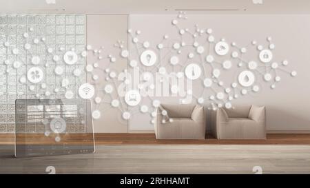 Tablet wireless with smart home app on wooden table, geometric background with connected line and dots showing internet of things system, home automat Stock Photo