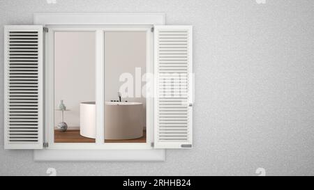 Exterior plaster wall with white window with shutters, showing minimal white bathroom, blank background with copy space, architecture design concept i Stock Photo