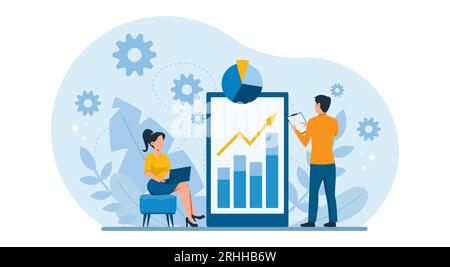 Business illustration design concept. Vector of business marketing team planning, analyzing financial reports and data to increase revenues Stock Vector