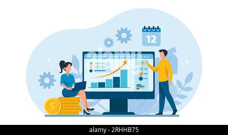 Business illustration design concept. Vector of business marketing team planning, analyzing financial reports and data to increase revenues Stock Vector