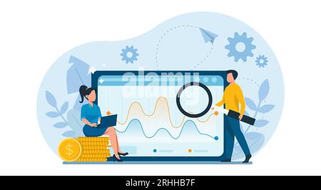 Business illustration design concept. Vector of business marketing team planning, analyzing financial reports and data to increase revenues Stock Vector