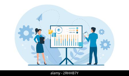 Business illustration design concept. Vector of business marketing team planning, analyzing financial reports and data to increase revenues Stock Vector