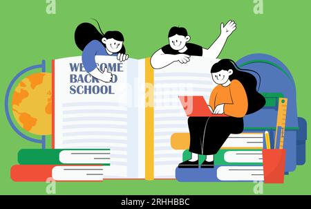 Back to school poster vector illustration. Happy students reading books Stock Vector