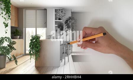 Architect interior designer concept: hand drawing a design interior project while the space becomes real, modern wooden kitchen with island, top view, Stock Photo