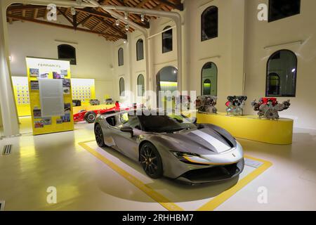 Modena, June 16 2023, MEF Museum Enzo Ferrari, original Ferrari SF90 Stradale (road) sport car inside the museum Stock Photo