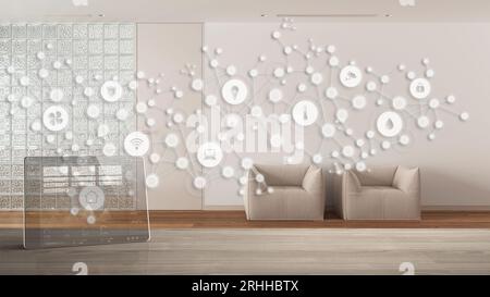 Tablet wireless with smart home app on wooden table, geometric background with connected line and dots showing internet of things system, home automat Stock Photo