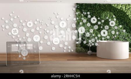 Tablet wireless with smart home app on wooden table, geometric background with connected line and dots, internet of things system, home automation con Stock Photo