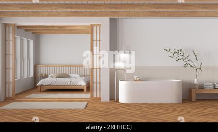 Japandi bathroom and bedroom in wooden and white tones. Freestanding bathtub, master bed with duvet and herringbone parquet floor. Minimal interior de Stock Photo