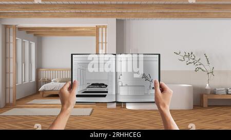 Hands holding notepad with japandi bathroom design blueprint sketch or drawing. Real interior design project background. Before and after concept, arc Stock Photo