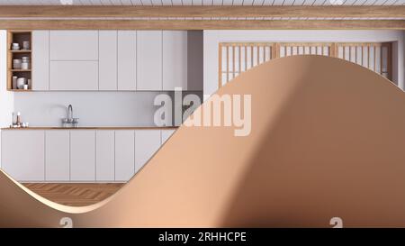 Abstract architecture background, wavy fluid shape, creative wall, minimal wooden and white kitchen in japandi style with cabinets. Interior design id Stock Photo