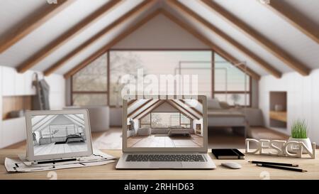 Architect designer desktop concept, laptop and tablet on wooden desk with screen showing interior design project and CAD sketch, japandi bedroom with Stock Photo