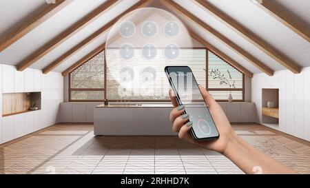 Smart home technology interface on phone app, augmented reality, internet of things, interior design of minimal kitchen with connected objects, woman Stock Photo