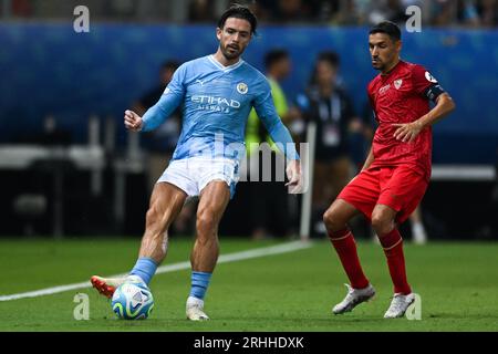 Piraeus, Greece. 16 August, 2023: Jack Grealish of Manchester City in action during the UEFA Super Cup 2023 match between Manchester City FC and Sevilla FC at Georgios Karaiskakis Stadium in Piraeus, Greece. August 16, 2023. (Photo by Nikola Krstic/Alamy) Stock Photo