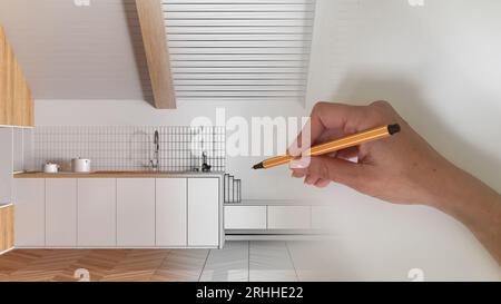 Architect interior designer concept: hand drawing a design interior project while the space becomes real, wooden japandi kitchen with cabinets Stock Photo
