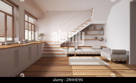Wooden kitchen and living room in white and beige tones. Cabinets with appliances, sofa, minimal staircase and panoramic windows. Parquet, scandinavia Stock Photo