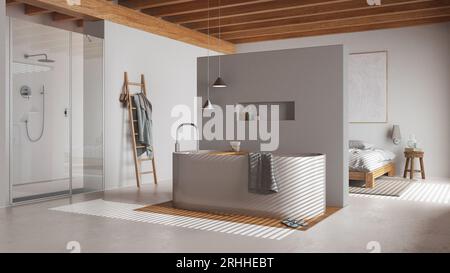 Japandi bathroom with freestanding wooden bathtub in white and beige ...