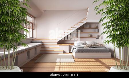 Zen interior with potted bamboo plant, natural interior design concept, minimal bedroom with bed and staircase, japandi style architecture Stock Photo