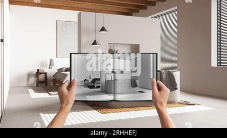 Hands holding notepad with bathroom design blueprint sketch or drawing. Real interior design project background. Before and after concept, architect d Stock Photo