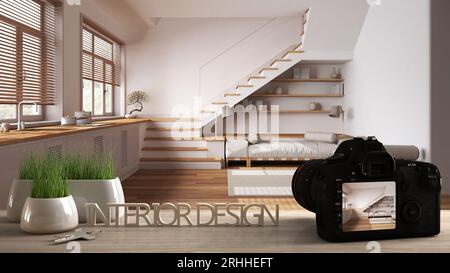 Architect photographer designer desktop concept, camera on wooden work desk with screen showing interior design project, blurred scene background, min Stock Photo