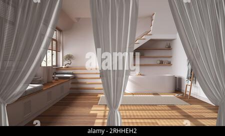 White openings curtains overlay japandi bathroom with staircase, interior design background, front view, clipping path, vertical folds, soft tulle tex Stock Photo