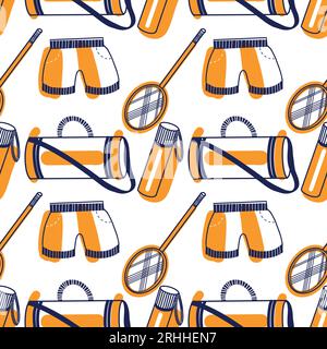 Seamless pattern drawn in vector. Sports shorts, tennis racket, bag. All elements are drawn in dark blue and orange. Suitable for printing on fabric Stock Vector