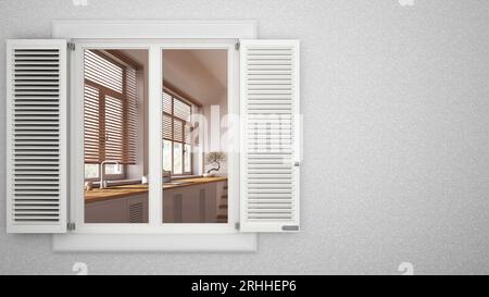 Exterior plaster wall with white window with shutters, showing interior minimal kitchen, blank background with copy space, architecture design concept Stock Photo