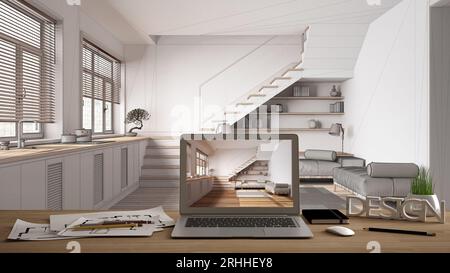 Architect designer desktop concept, laptop on wooden work desk with screen showing interior design project, blueprint draft background, japandi kitche Stock Photo
