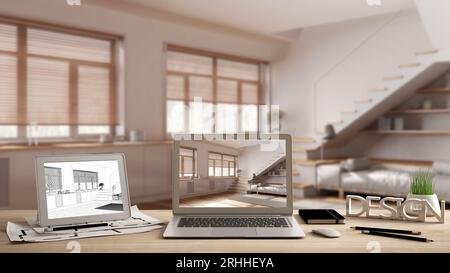 Architect designer desktop concept, laptop and tablet on wooden desk with screen showing interior design project and CAD sketch, minimal japandi livin Stock Photo
