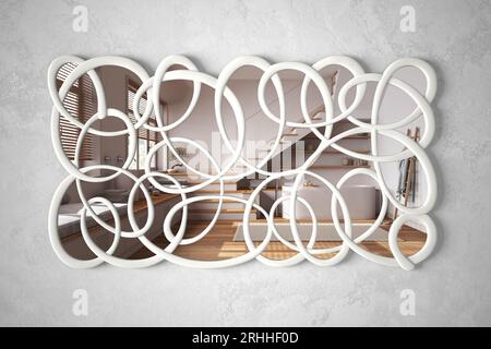 Modern twisted shape mirror hanging on the wall reflecting interior design scene, bright white japandi wooden bathroom with staircase, minimal archite Stock Photo
