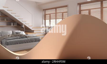 Abstract architecture background, wavy fluid shape, creative wall, modern bedroom with double bed, wooden staircase, panoramic window Stock Photo
