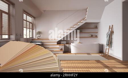 Color palette close up sample. Paint selection catalog over interior design scene. Minimal white bathroom with staircase, parquet floor and bathtub Stock Photo